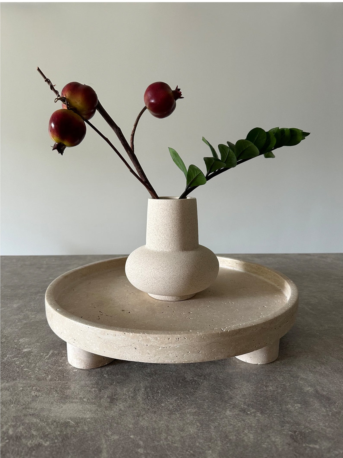 Round Travertine Tray on Ball Feet – handcrafted natural beige travertine, view 2