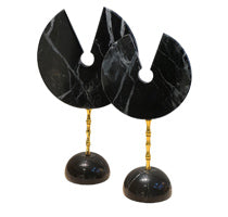 Black Marble Lotus Disc Sculpture Pair