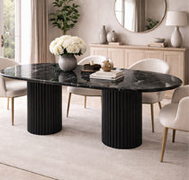 Black Marble Oval Dining Table with Fluted Pedestals