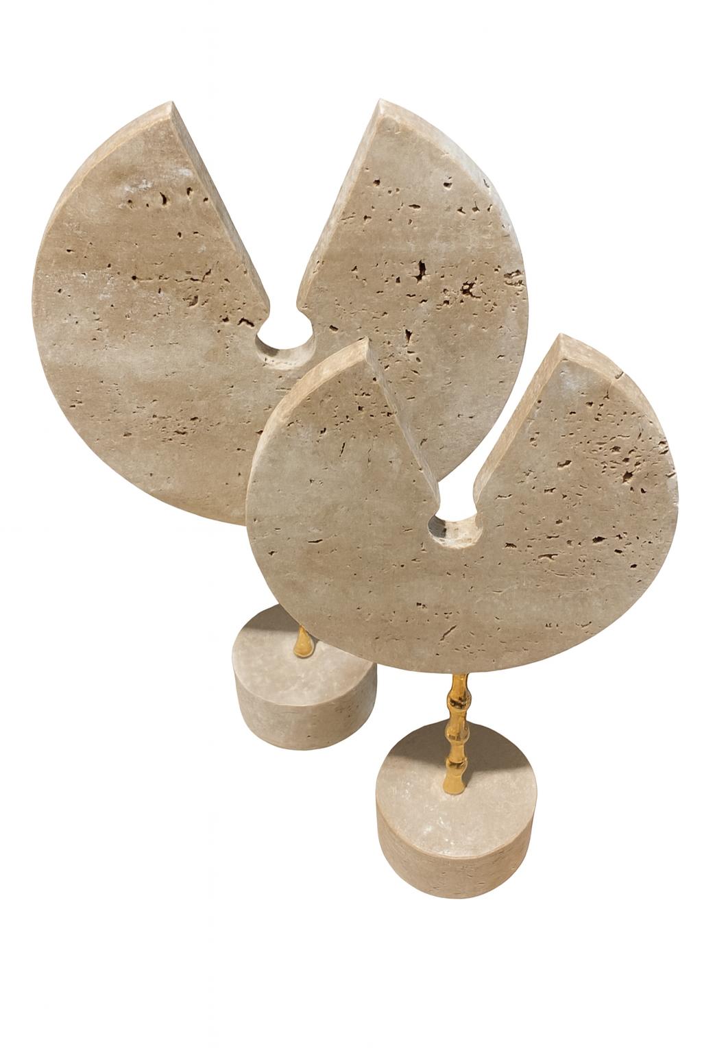 Travertine Disc Sculpture Pair on Brass Stems – handcrafted natural stone, view 7