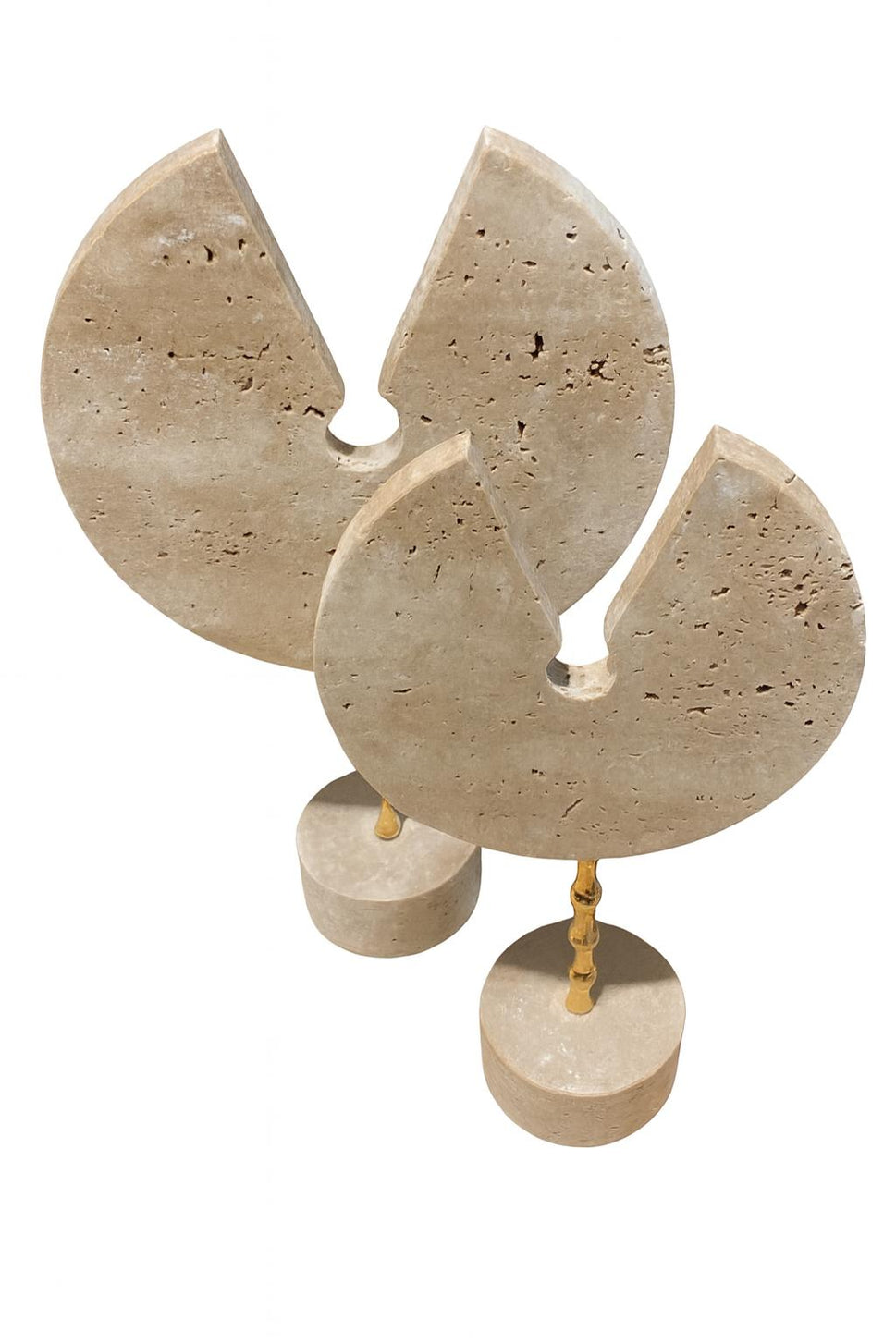 Travertine Disc Sculpture Pair on Brass Stems