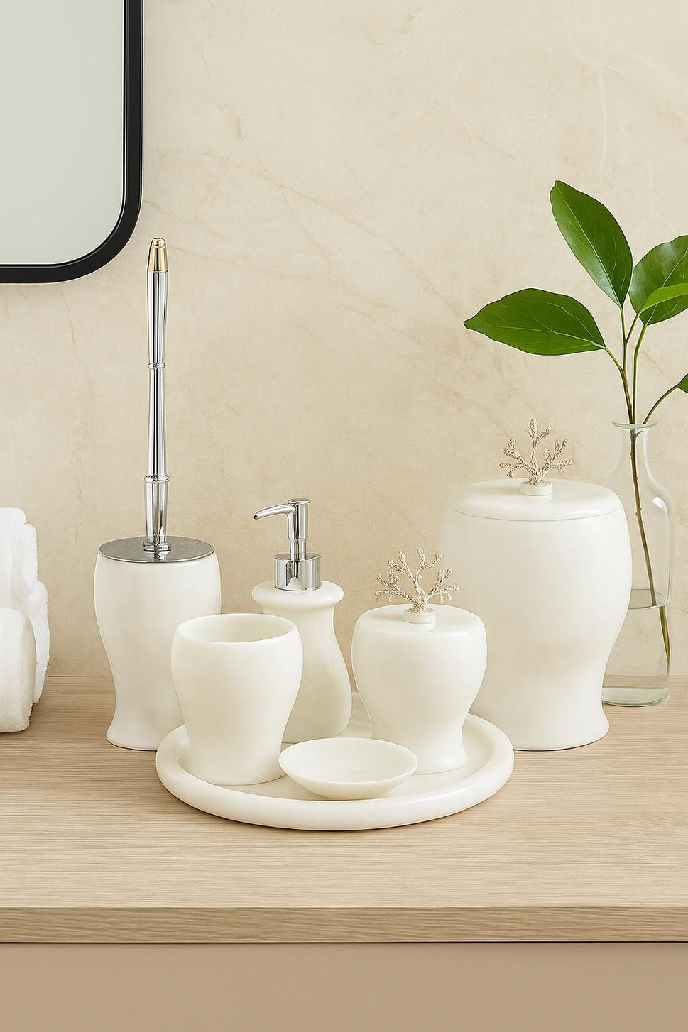 White Marble Bathroom Set with Round Tray