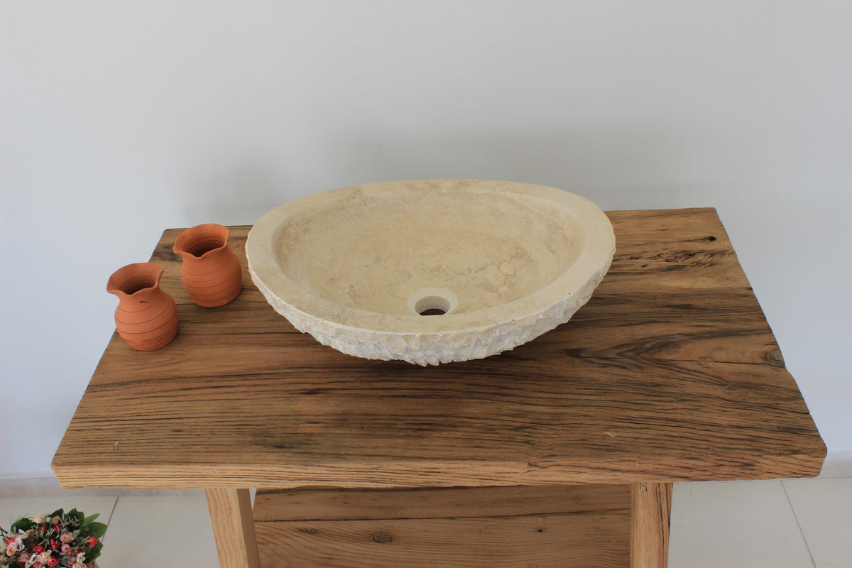 Hand-Carved Raw Chiseled Travertine Vessel Sink – Oval Organic Natural Stone Basin