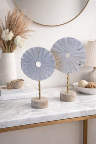 Blue Stone Disc Sculpture Pair on Brass Stems