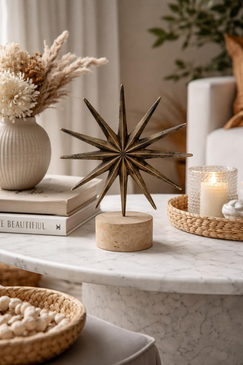 Brass Starburst Sculpture on Travertine Base