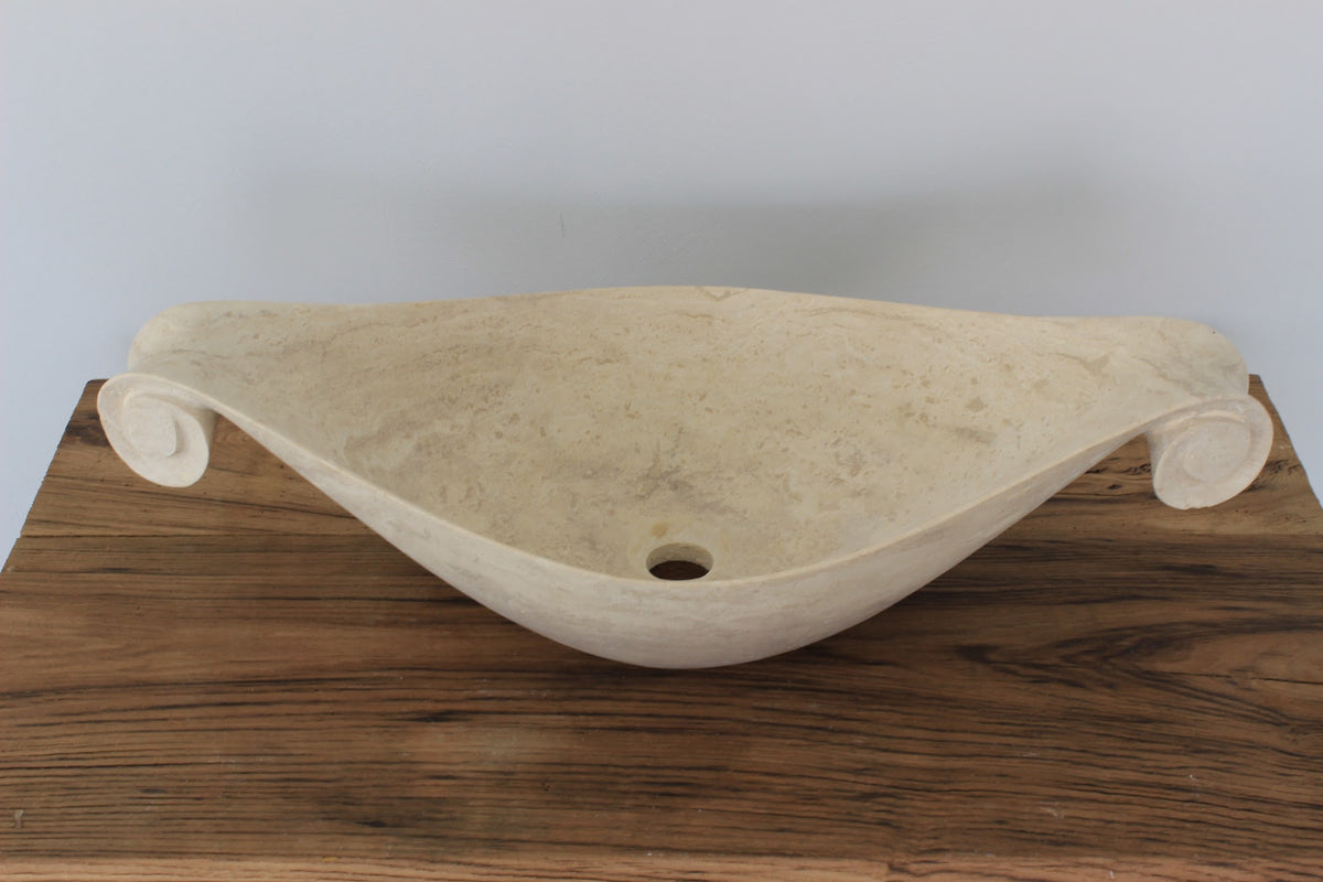 Scroll-Edge Beige Travertine Vessel Sink – handcrafted natural stone, view 7