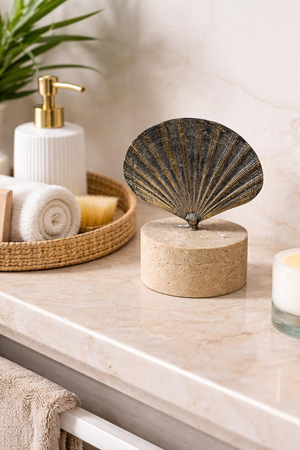 Brass Scallop Shell Sculpture on Travertine Base