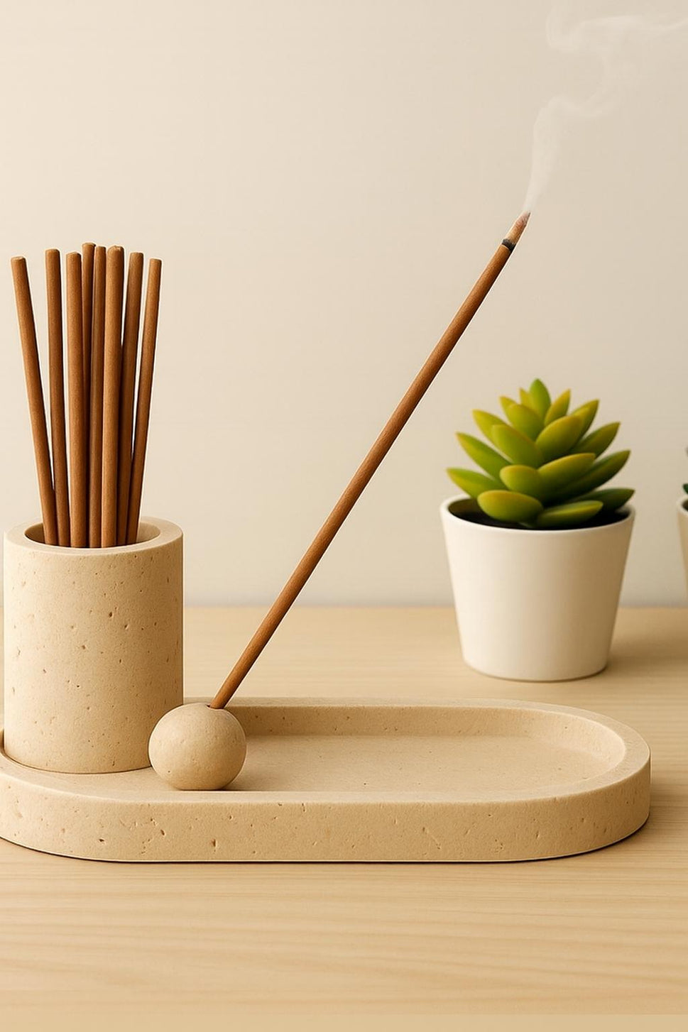 Travertine Incense Holder with Stick Cup