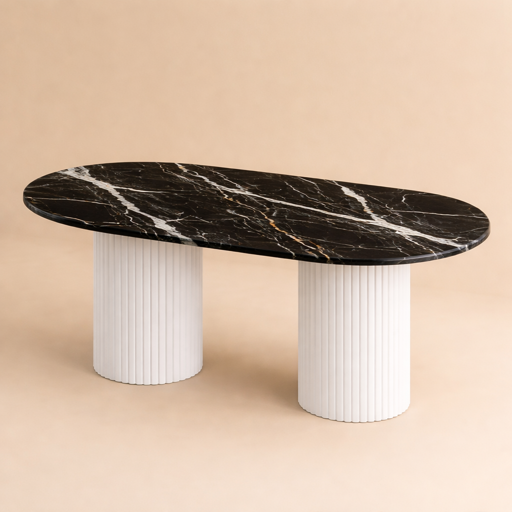 Black Marble Oval Dining Table with Fluted Legs – handcrafted natural black marble