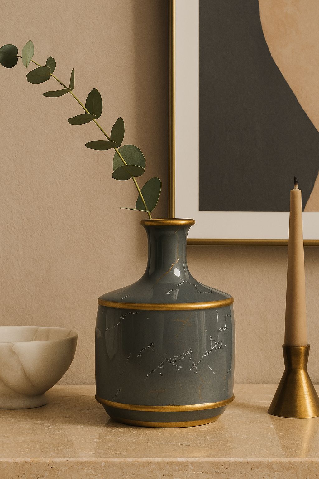 Grey Marble Vase with Gold Rim – handcrafted natural grey marble, view 2