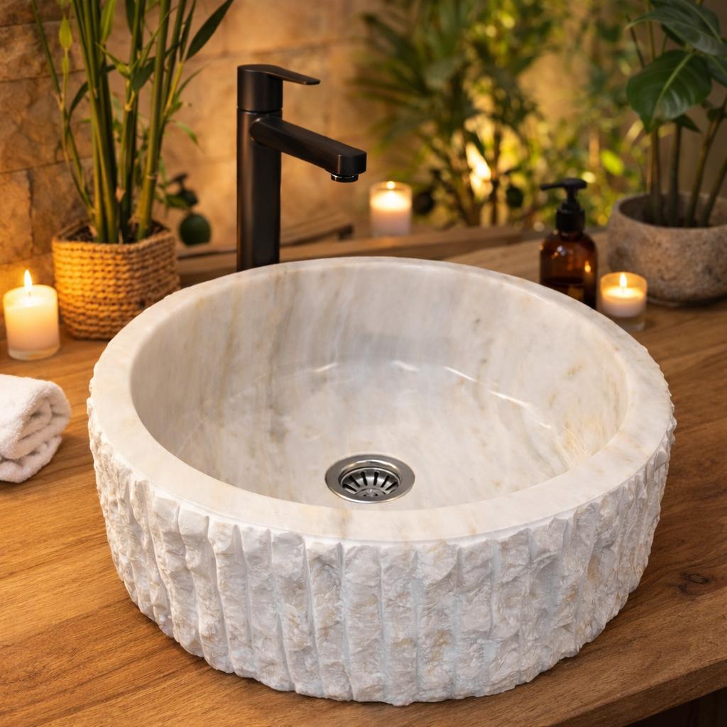 Chiselled White Marble Vessel Sink