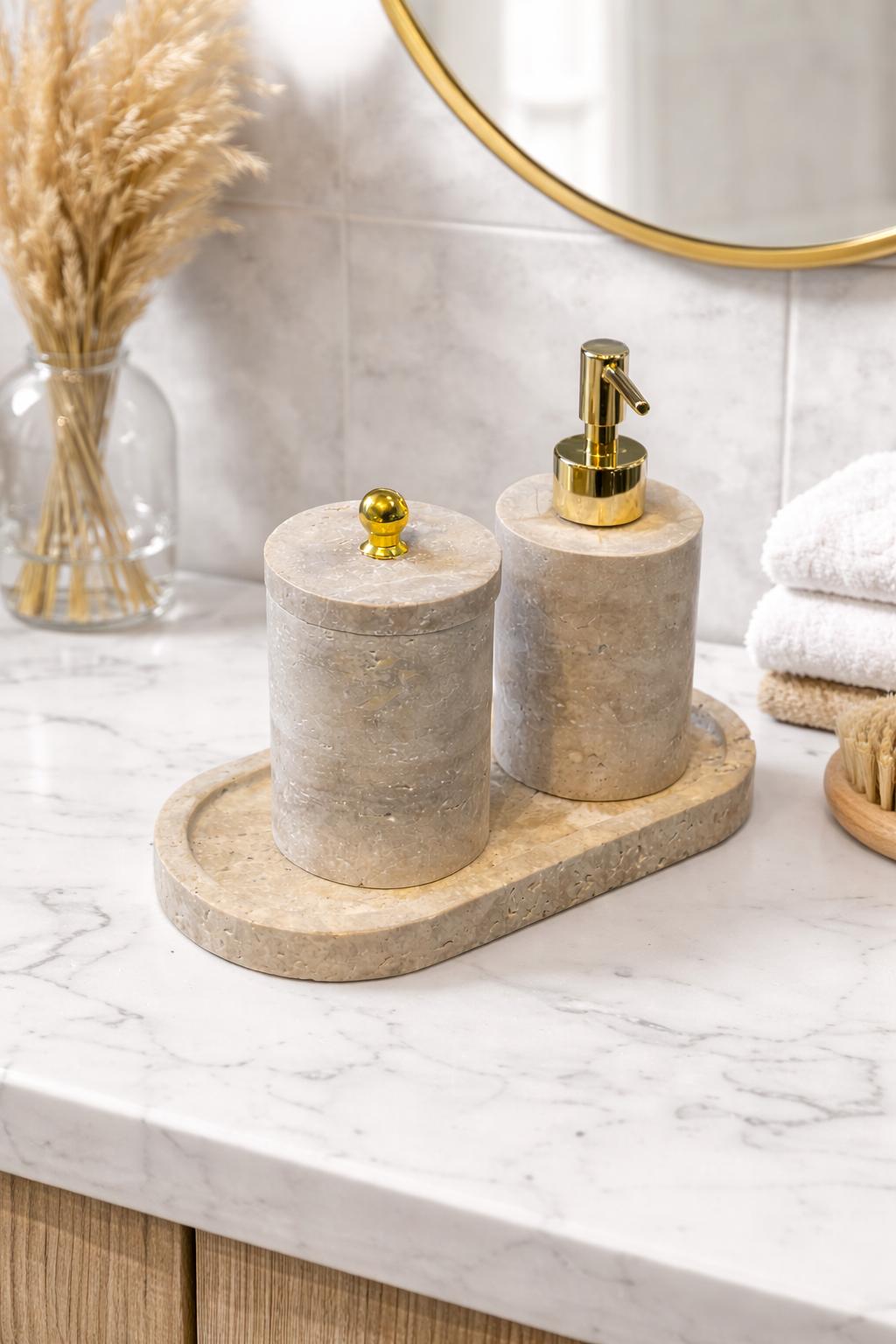 Travertine 3-Piece Bath Set with Oval Tray – handcrafted natural beige travertine, view 7