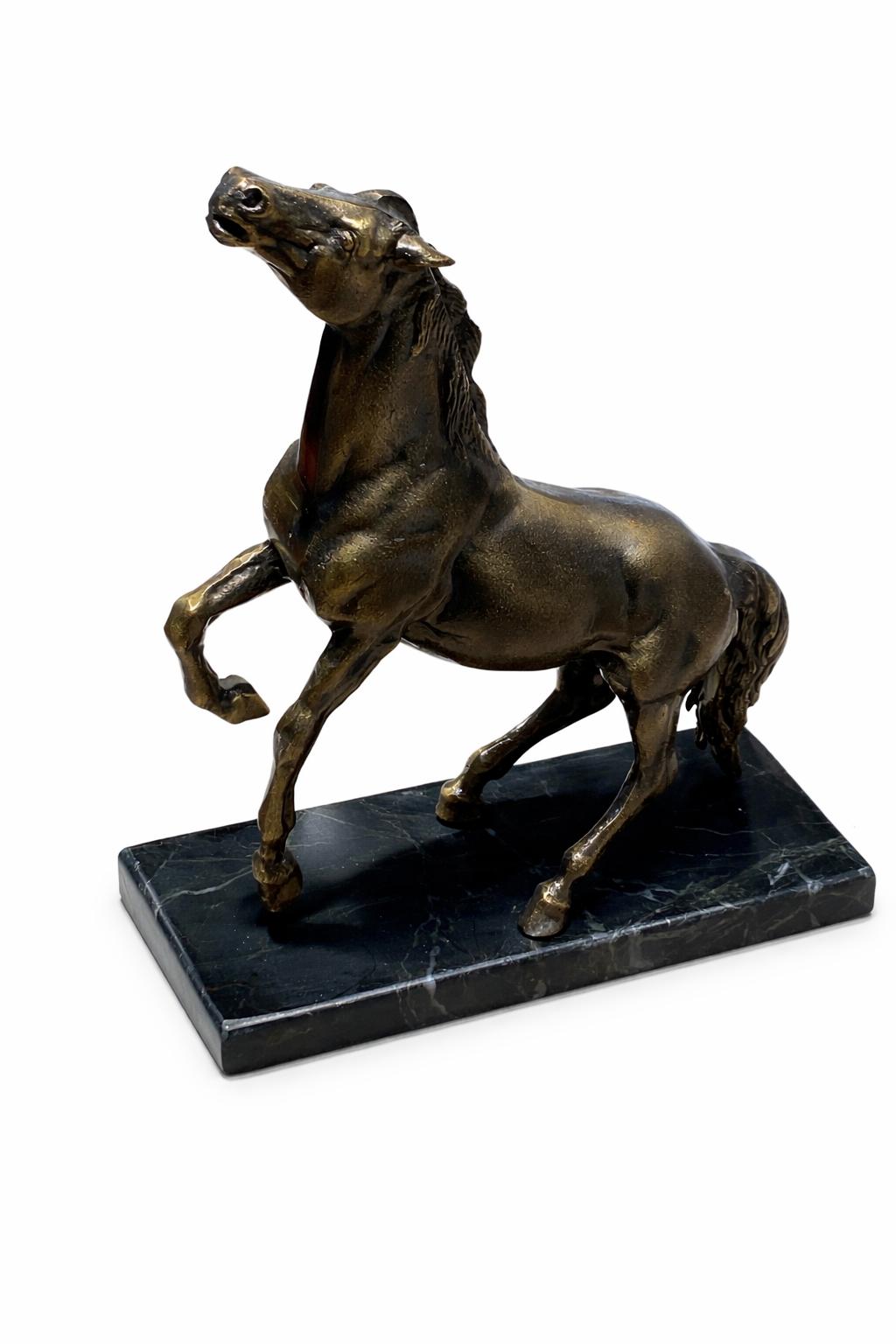 Brass Horse Statue on Black Marble Base