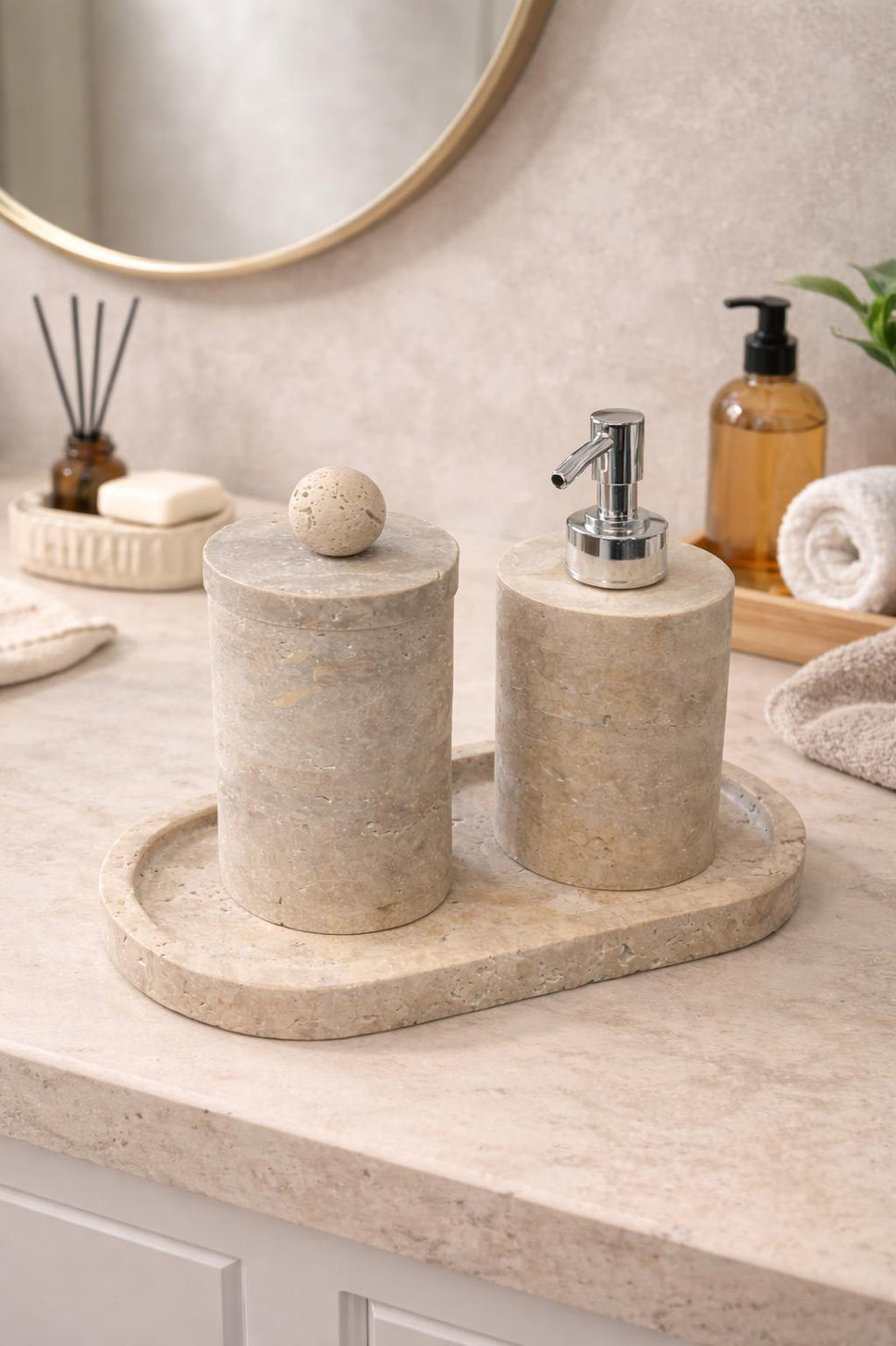 Travertine 3-Piece Bath Set with Oval Tray