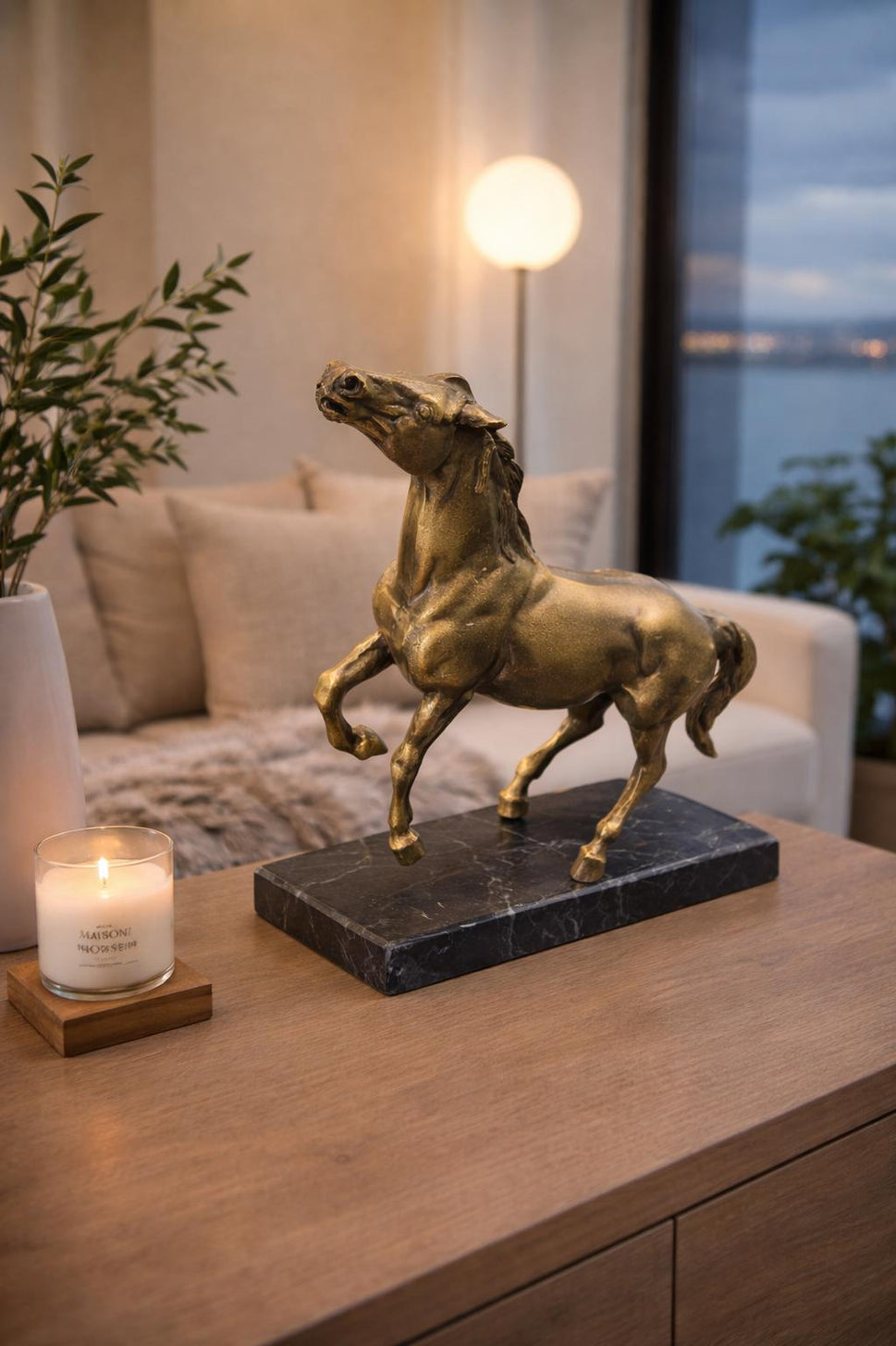 Brass Horse Statue on Black Marble Base
