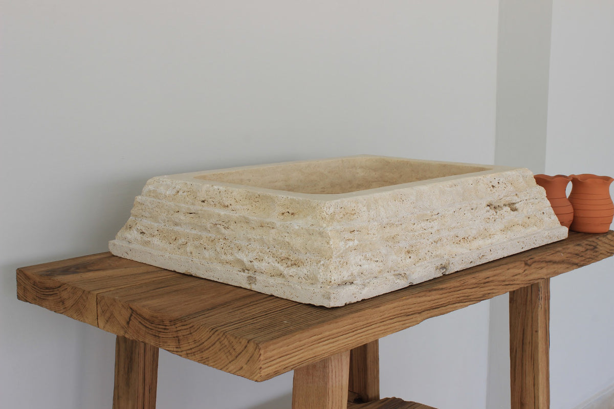 Hand-Carved Chiseled Travertine Vessel Sink – handcrafted natural stone, view 8