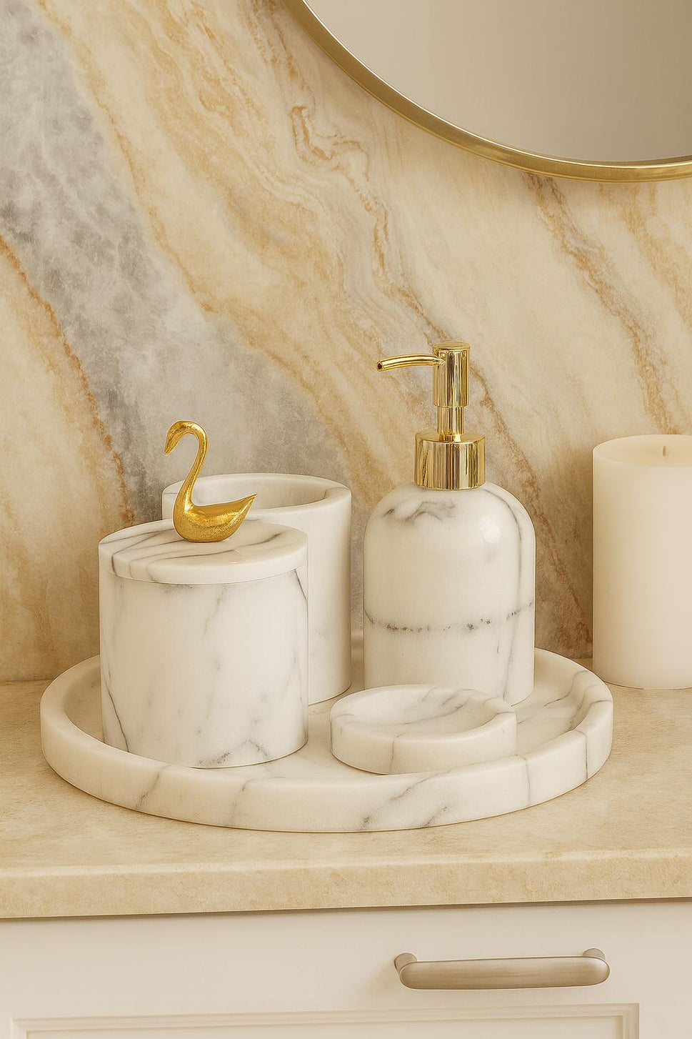 White Marble Bathroom Set with Round Tray