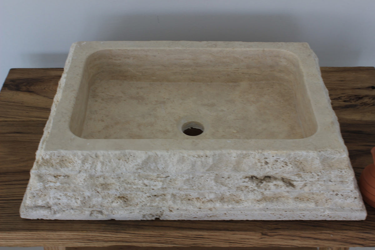 Hand-Carved Chiseled Travertine Vessel Sink – Rectangular Rock-Face Natural Stone Basin
