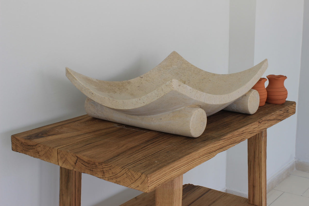 Curved Travertine Vessel Sink on Cylinder Feet
