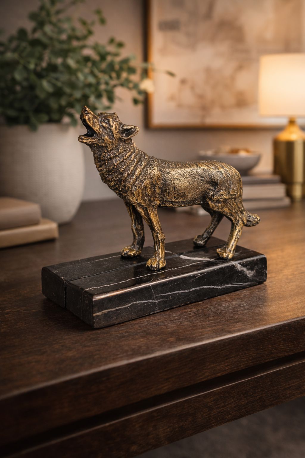 Brass Wolf Sculpture on Black Marble Base