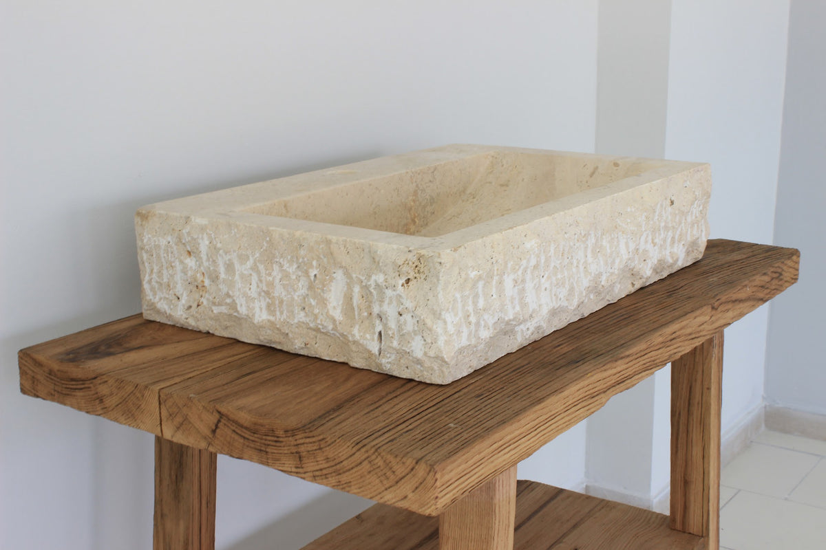 Hand-Carved Rustic Chiseled Travertine Vessel Sink – handcrafted natural stone, view 6