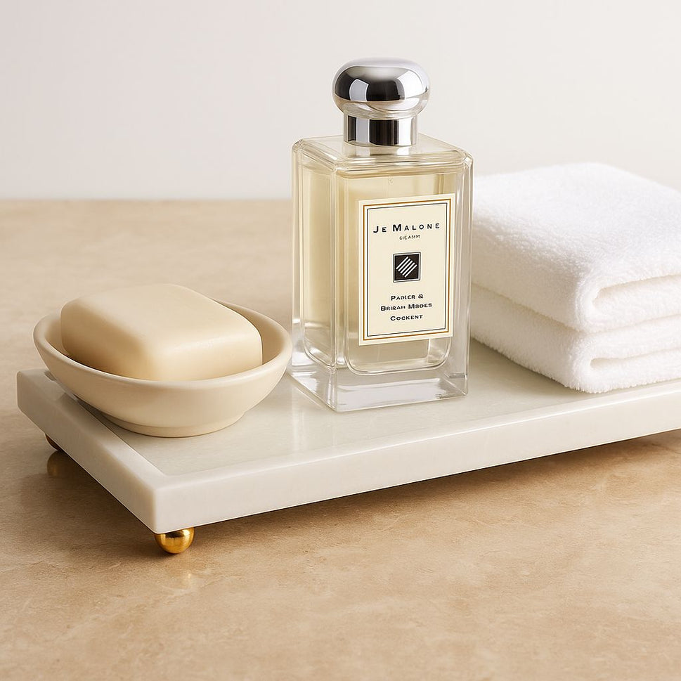White Marble Vanity Tray with Gold Ball Feet