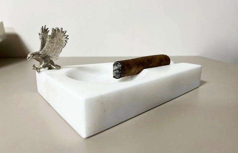 White Marble Cigar Ashtray with Silver Horse
