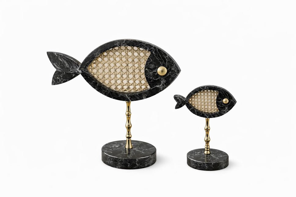 Black Marble Fish Pair with Rattan Inlay on Brass Stand