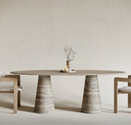 Travertine Oval Dining Table with Cone Pedestals