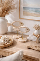 Switch Travertine Fish Pair with Rattan Inlay on Brass Stand – handcrafted natural beige travertine, view 2 2 image