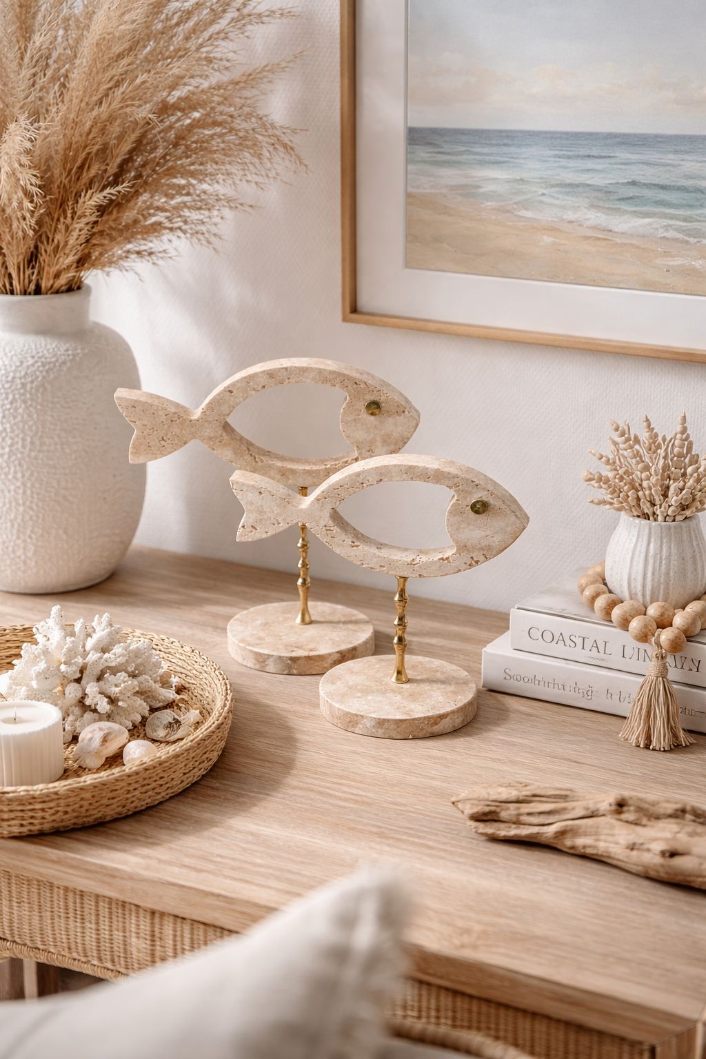 Travertine Fish Pair with Rattan Inlay on Brass Stand – handcrafted natural beige travertine, view 2