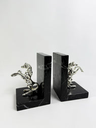 Black Marble Bookends with Brass Horses