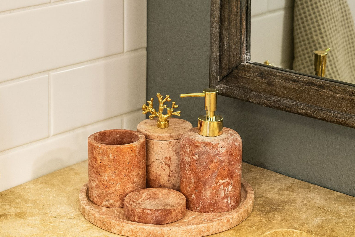 Red Travertine Bathroom Set with Round Tray – handcrafted natural stone, view 3