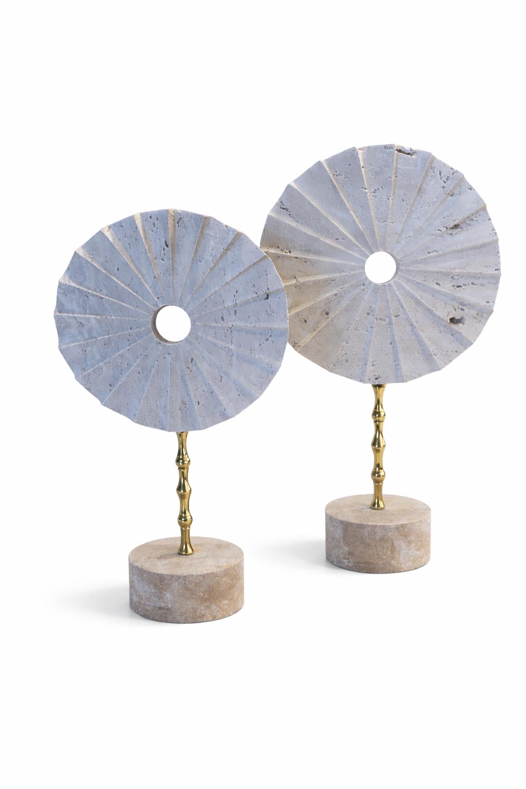 Blue Stone Disc Sculpture Pair on Brass Stems