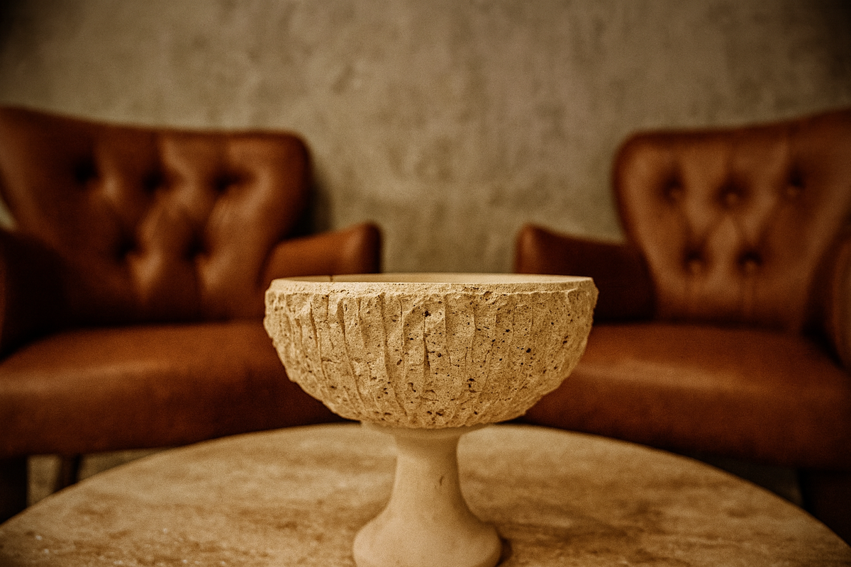 Chiselled Travertine Pedestal Bowl – handcrafted natural beige travertine