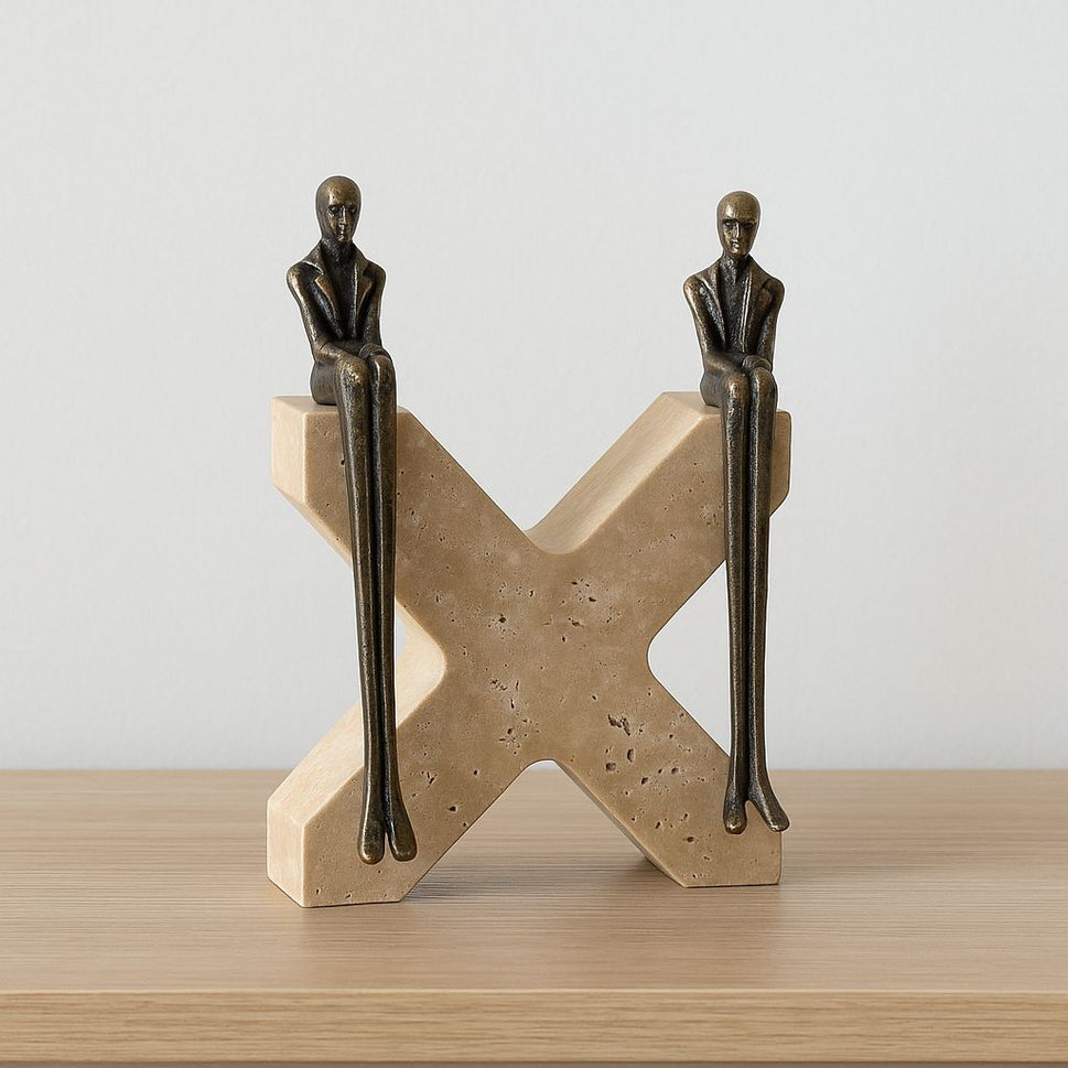 Brass Figures on Travertine X Sculpture