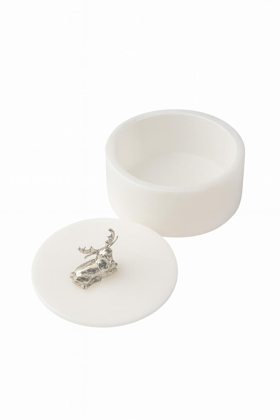 White Stone Lidded Jar with Brass Deer