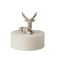 White Stone Lidded Jar with Brass Deer