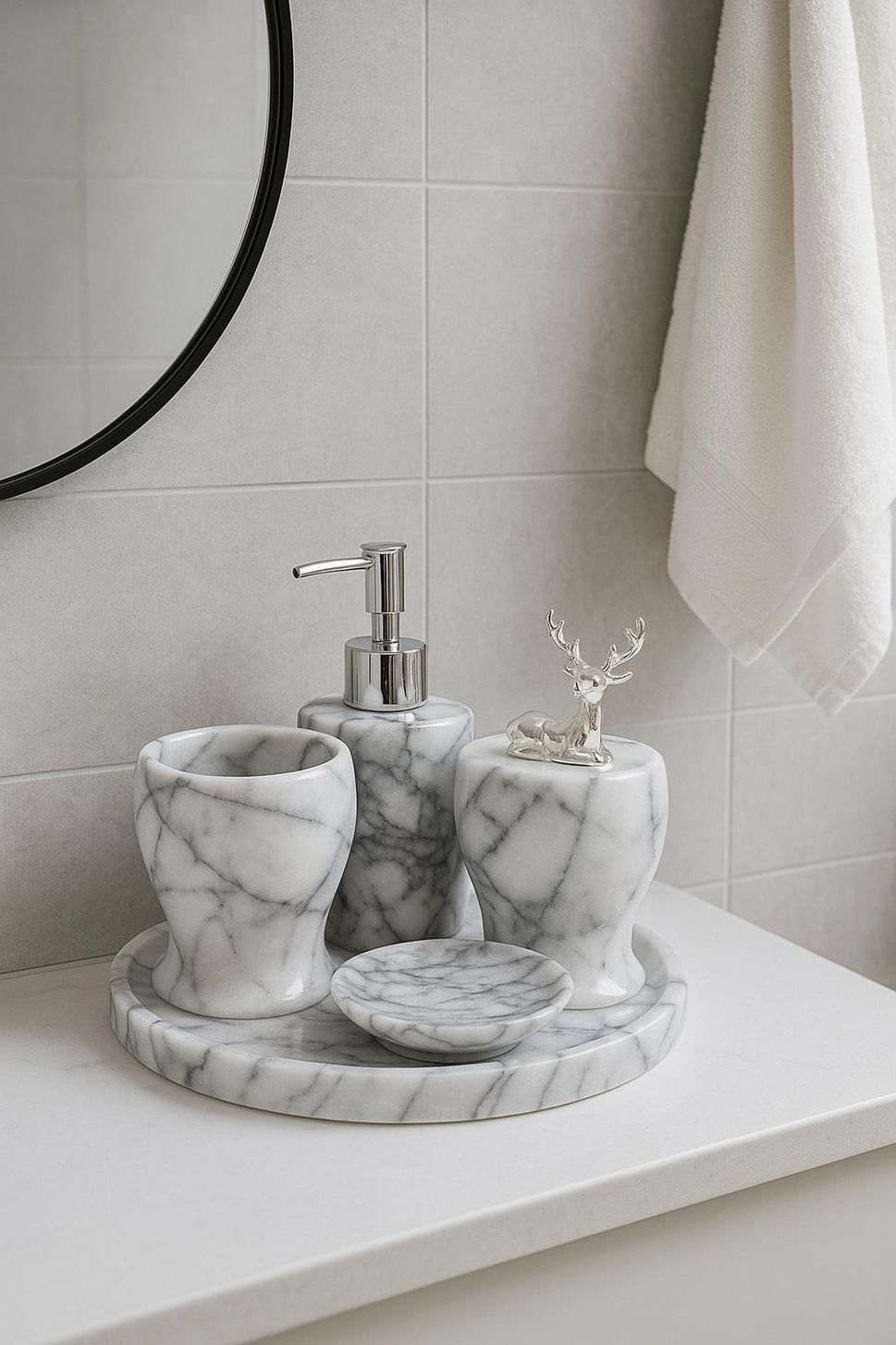 White Marble Bathroom Set with Round Tray