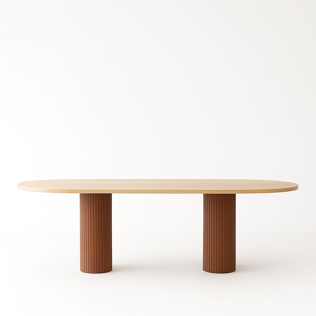 Oval Travertine Coffee Table with Wood Column Legs
