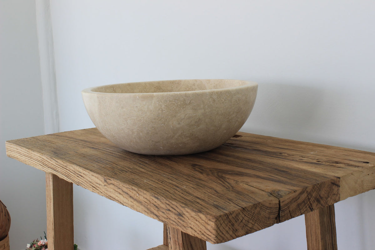 Hand-Carved Classic Round Travertine Vessel Sink – Polished Beige Natural Stone Basin