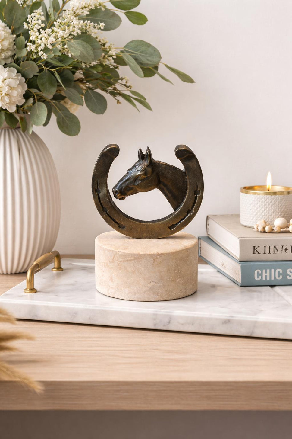 Brass Horseshoe Horse Head Sculpture on Travertine