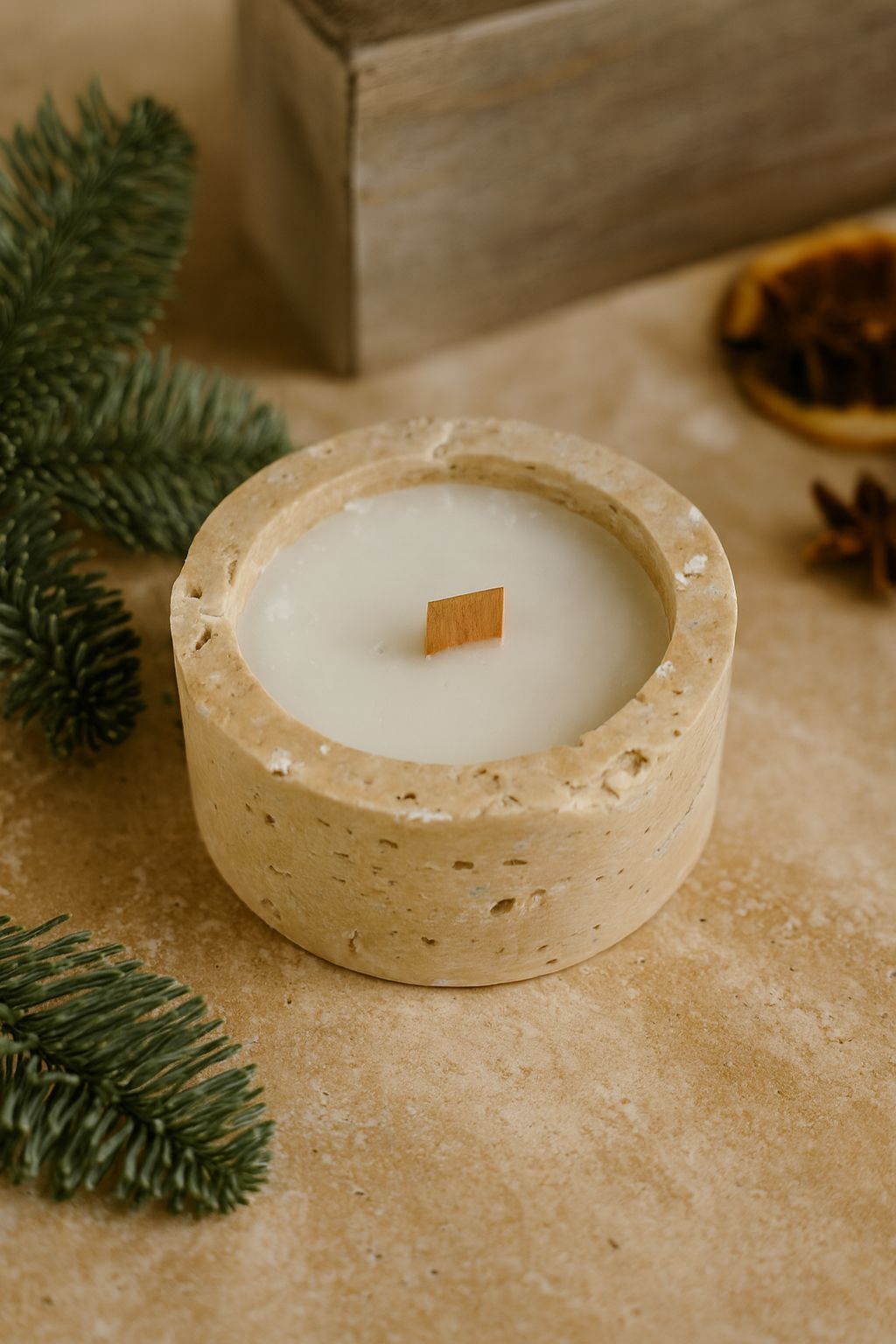 Travertine Candle Vessel – handcrafted natural stone, view 4