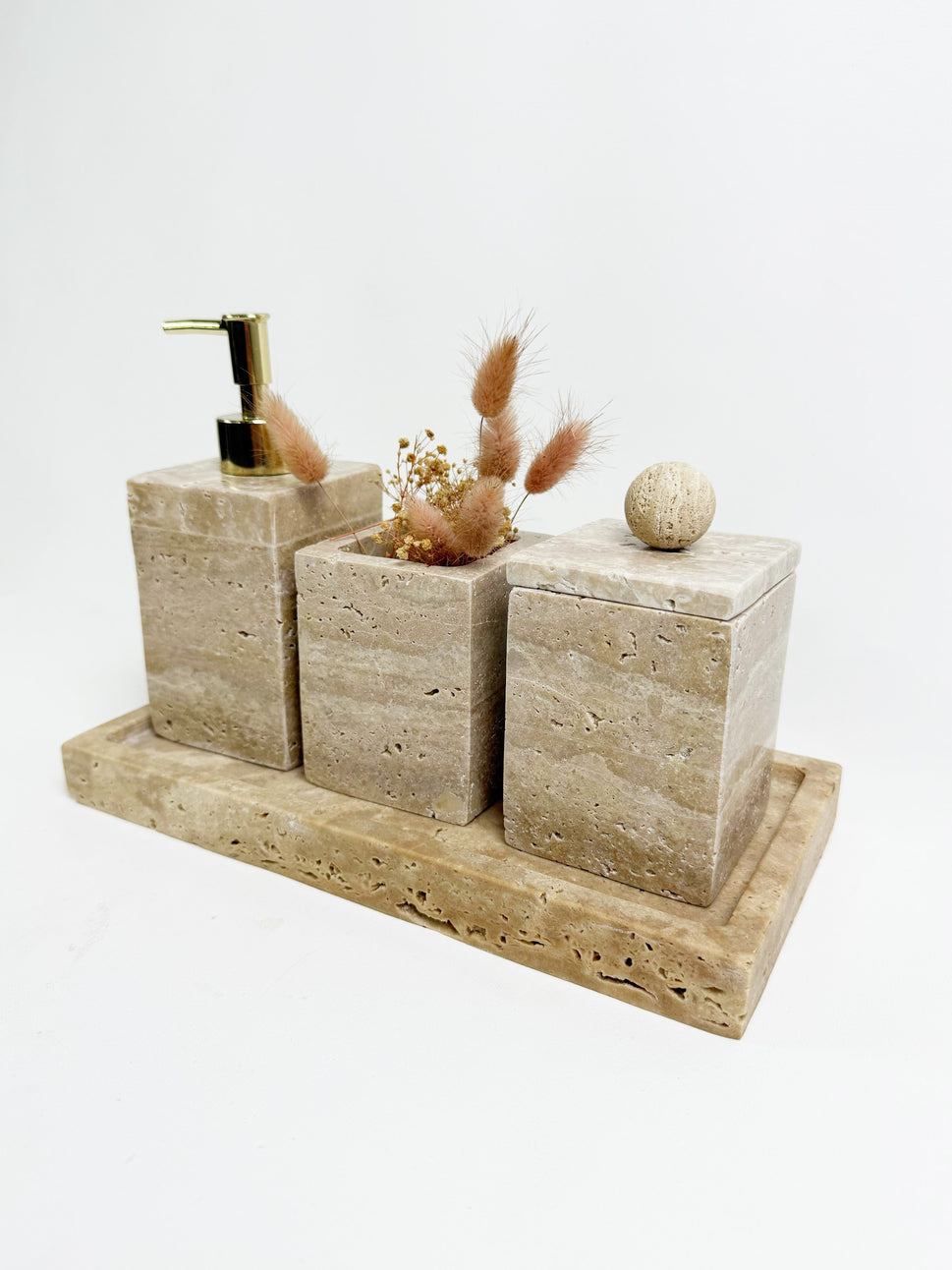 Rectangular Travertine Vanity Set on Tray