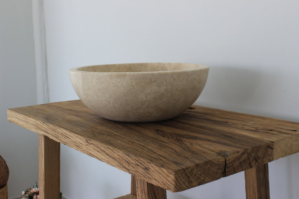 Hand-Carved Classic Round Travertine Vessel Sink – Polished Beige Natural Stone Basin