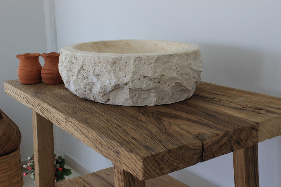 Hand-Carved Chiseled Travertine Vessel Sink – Round Rock-Face Natural Stone Basin