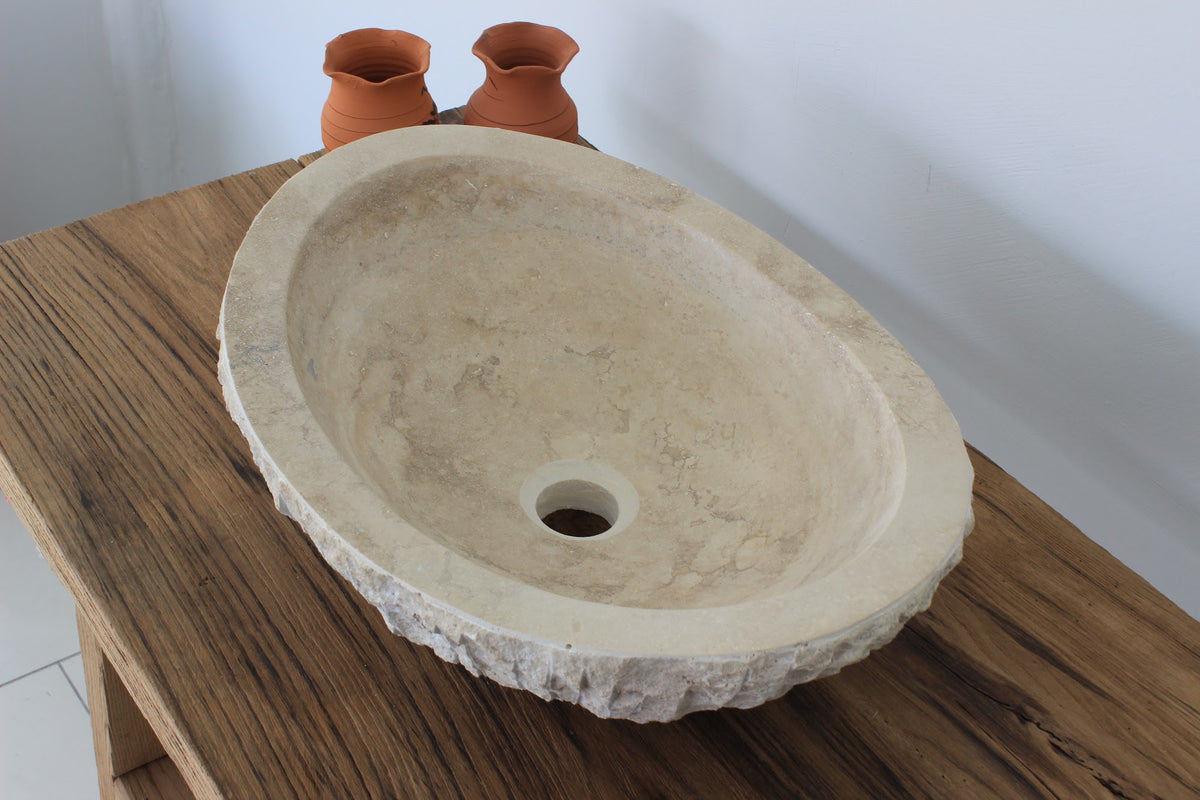 Hand-Carved Raw Chiseled Travertine Vessel Sink – handcrafted natural stone, view 8