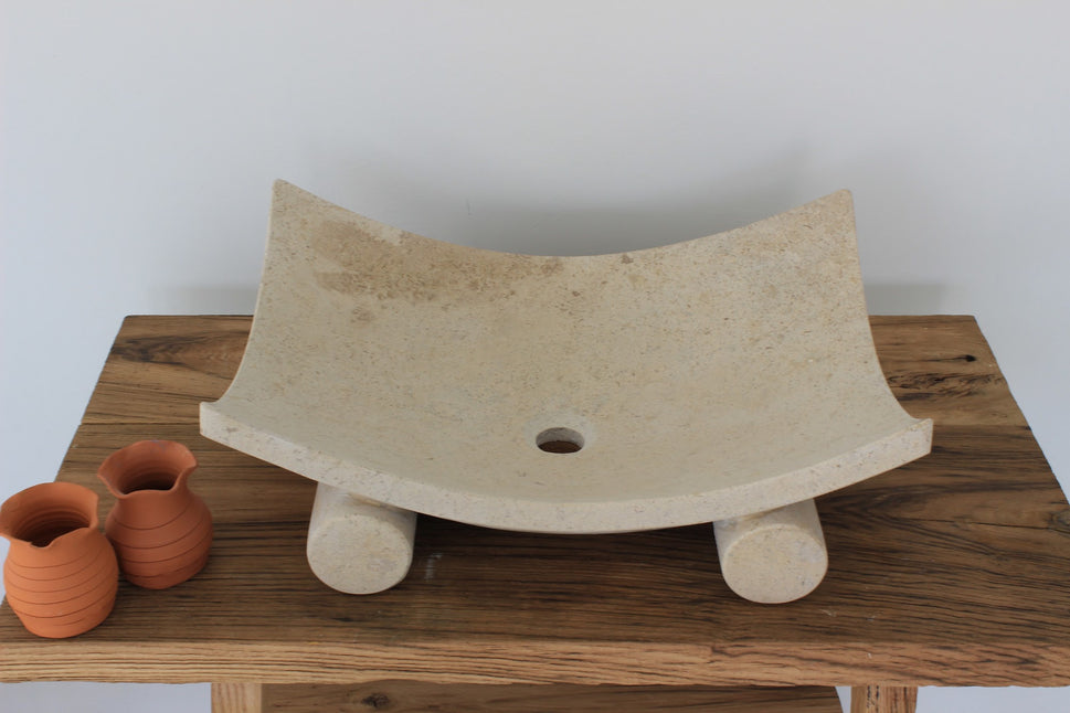 Curved Travertine Vessel Sink on Cylinder Feet