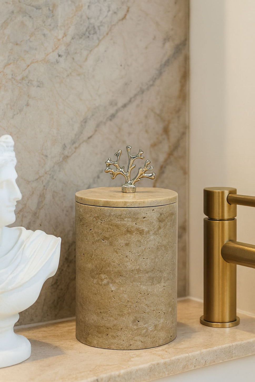 Travertine Canister with Brass Topper