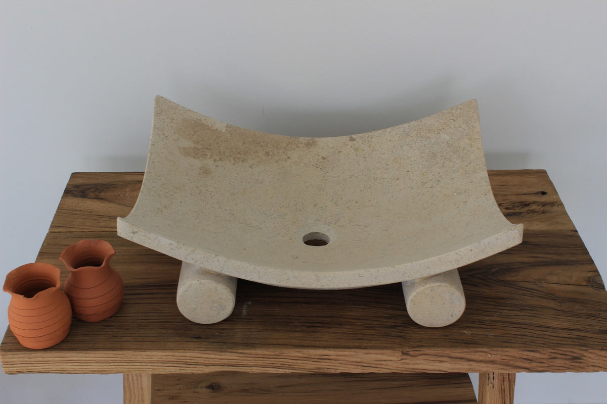 Curved Travertine Vessel Sink on Cylinder Feet – handcrafted natural beige travertine, view 2